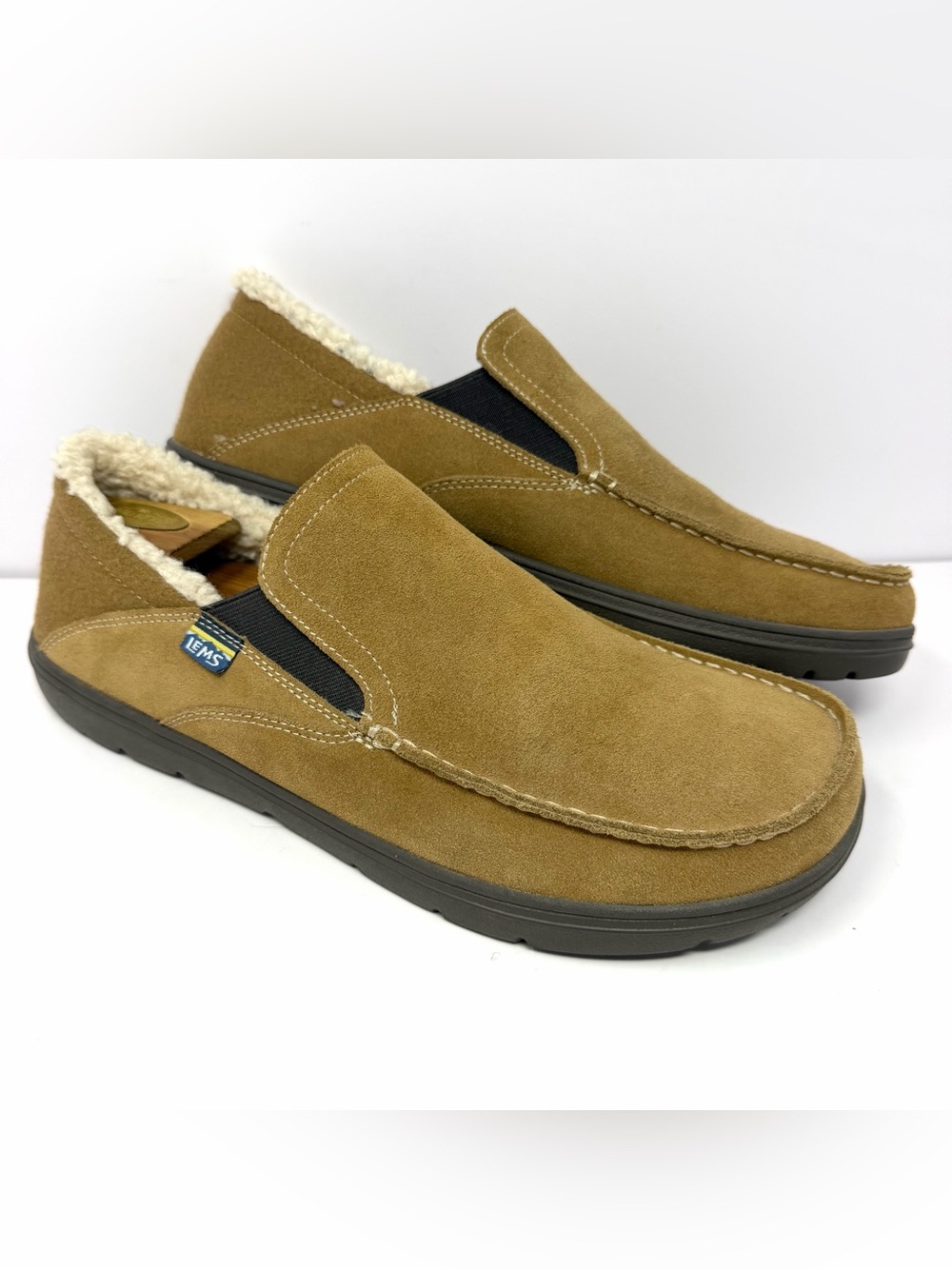 Lems Shoes Men’s Drifter Fur Slippers Sz 13 Cozy Brown Suede Sherpa Lined EUC